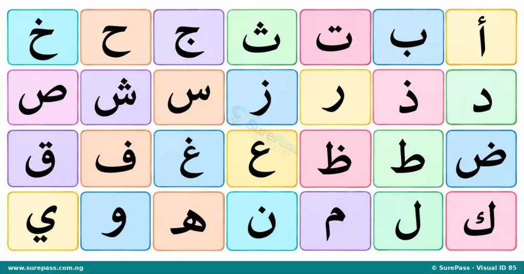 The full Arabic alphabet displayed in its traditional order.