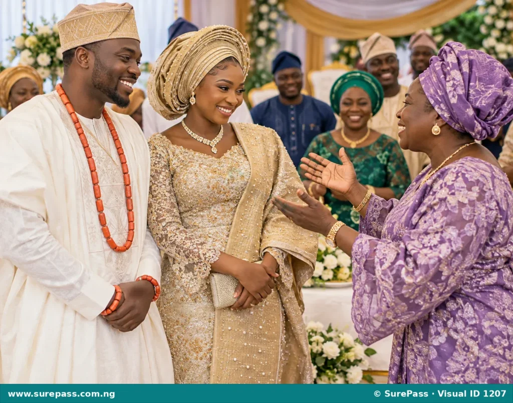 Couple receiving wedding congratulations.