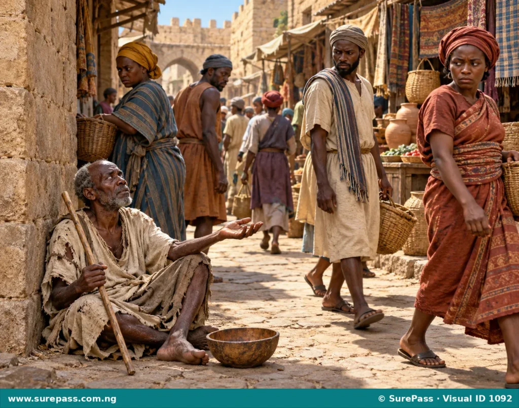 A bustling market street in an ancient city, with people showing reservation, and a sad blind beggar with an empty bowl.