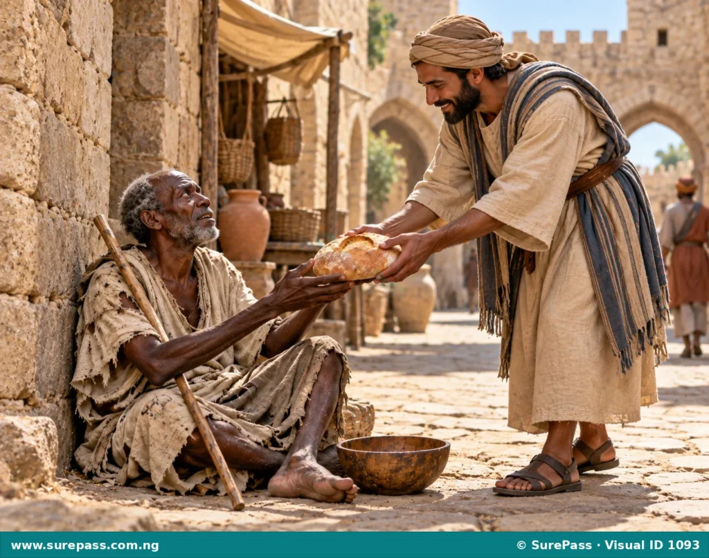 A kind stranger giving a full loaf of bread to a blind man.