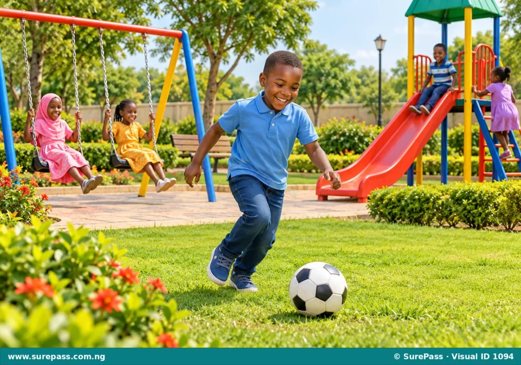 A child named Ahmed playing happily in a clean, green park with other children.