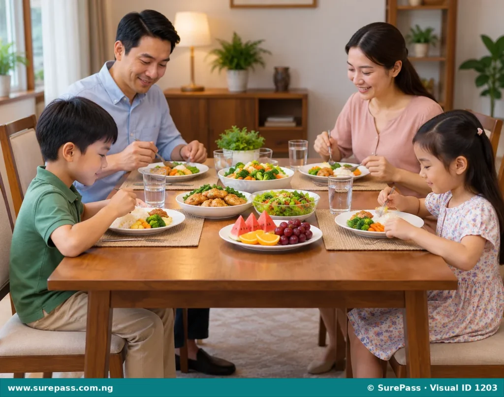 A family eating politely at a dining table, showing good eating etiquette.