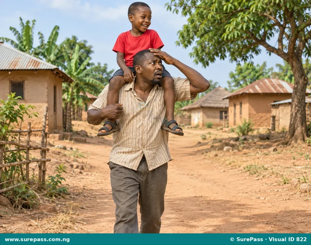 A confused man with a boy in a red shirt on his shoulders, looking around as if searching for the boy.