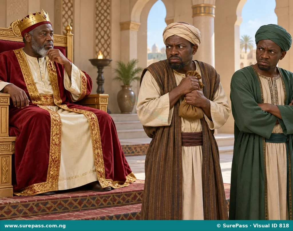 A king sitting on a throne, with a miserly man and an envious man standing before him.