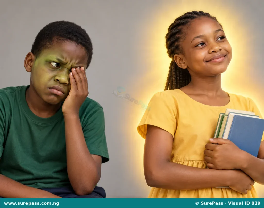 A person with a sad, green face holding their eye, looking enviously at a happy person. This illustrates the self-harm caused by envy.