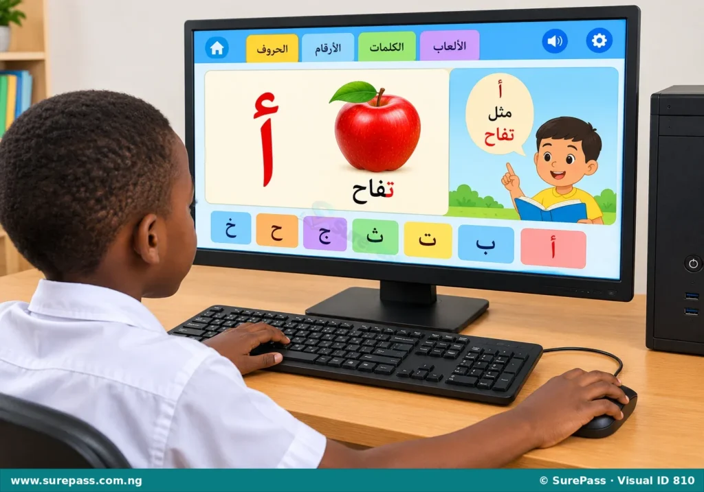 A desktop computer showing an educational program on its screen.
