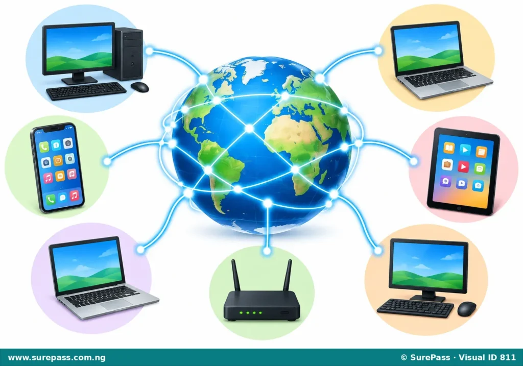 A globe with lines connecting to various digital devices, representing the internet.