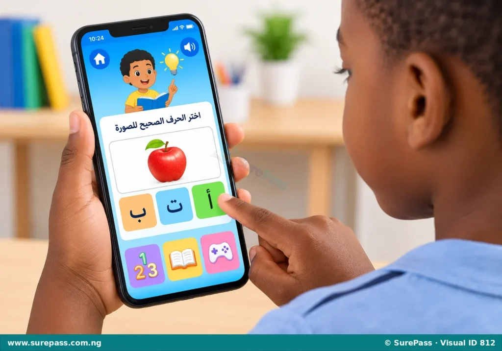 A smartphone displaying a learning application on its screen.