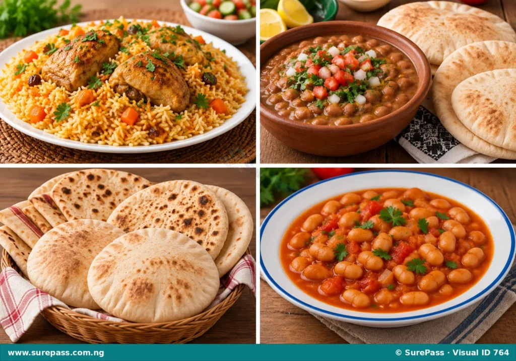 Illustrations of common Arab foods including rice, ful medames, various breads, and a bean dish.