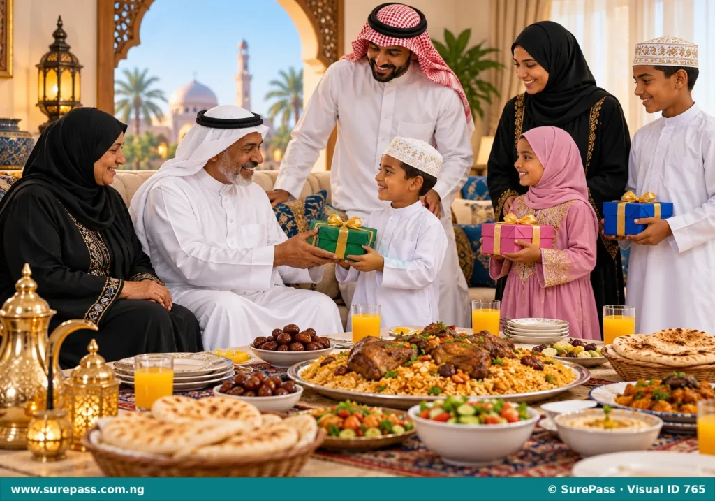 An illustration of an Arab family celebrating Eid, with people in traditional clothes, children with gifts, and a festive meal.