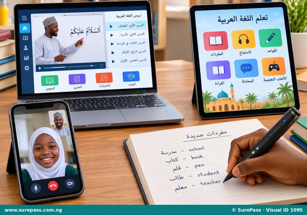 A collage of digital learning tools including a laptop, tablet, smartphone, and smart pen.