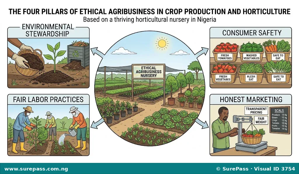 A diagram showing the four pillars of ethical agribusiness: Environmental Stewardship, Fair Labor Practices, Consumer Safety, and Honest Marketing.