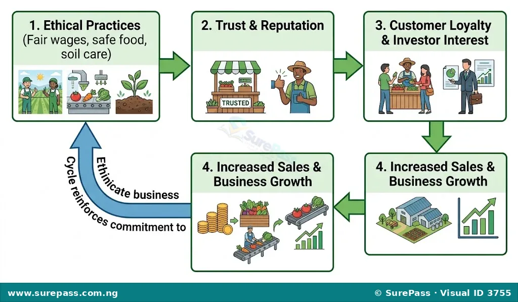 A flowchart showing how ethical practices lead to trust, customer loyalty, and business growth.