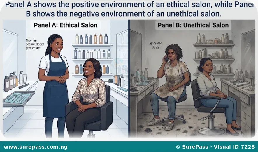 Comparison between an ethical, clean salon and an unethical, untidy salon.