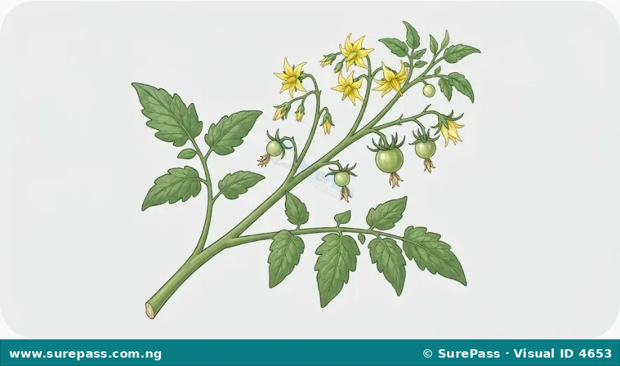A plant branch with both flowers and small, unripe fruits.