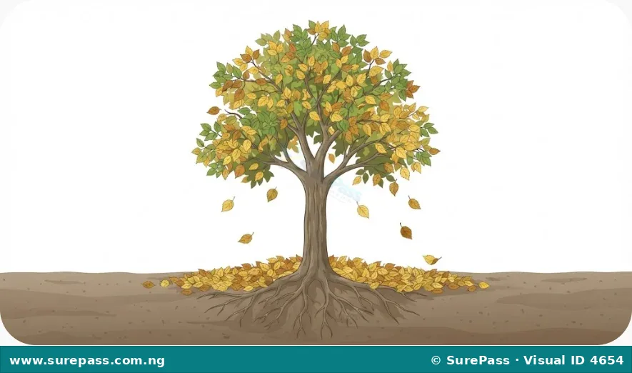 A tree with some leaves falling and a pile of fallen leaves on the ground.