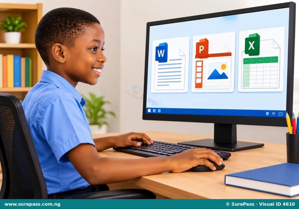 A child creating digital content on a computer, with icons representing text, presentations, and spreadsheets on the screen.