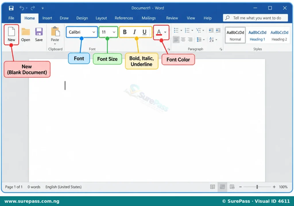 Simplified MS Word interface showing a blank document and basic text formatting tools on the ribbon.