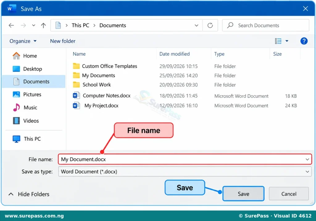 Simplified "Save As" dialog box in MS Word, showing where to type a file name and click save.