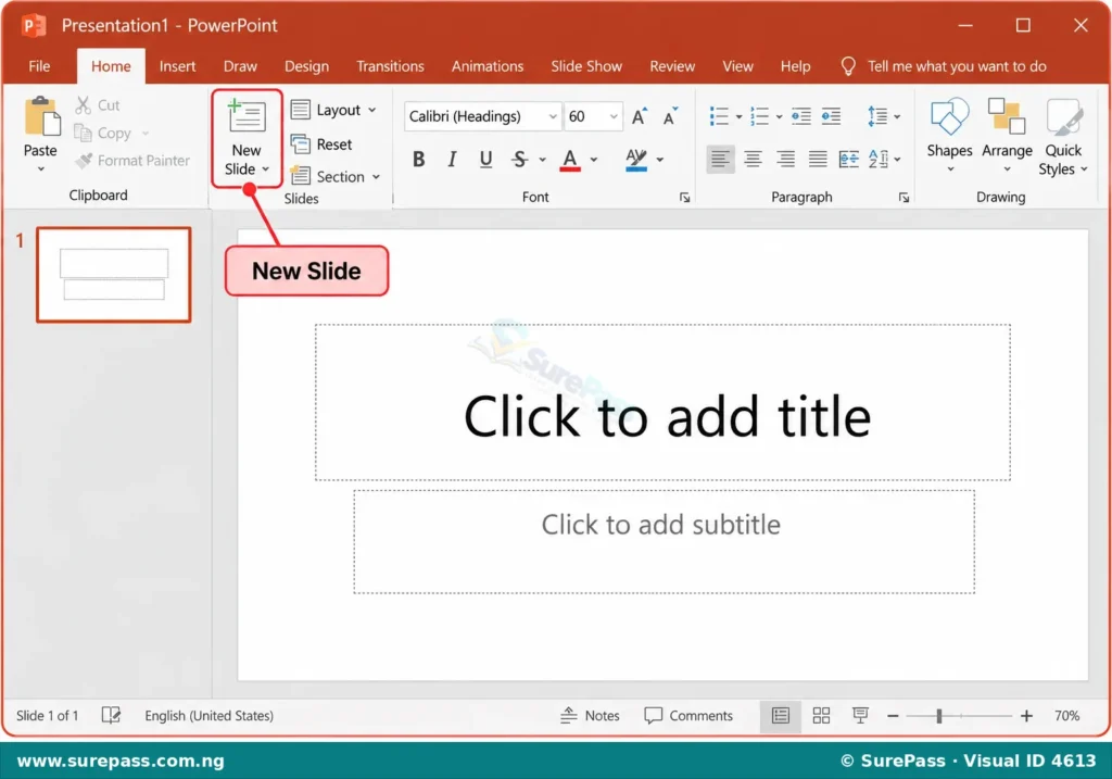 Simplified MS PowerPoint interface showing a blank title slide and the "New Slide" button.
