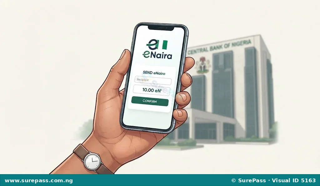 Illustration of a smartphone displaying the eNaira app, with the Central Bank of Nigeria building in the background.
