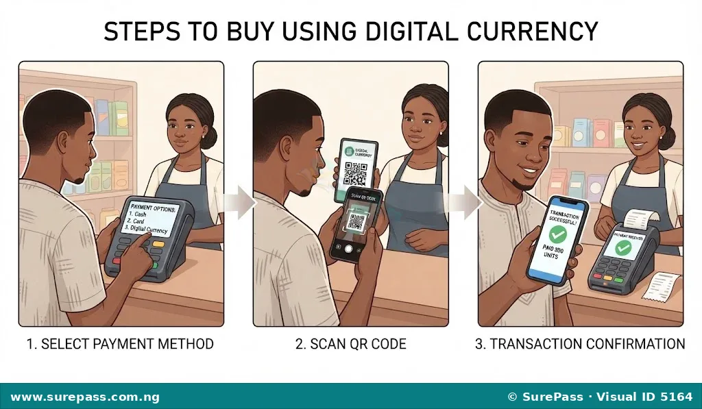 A sequence showing a person making a purchase using a digital currency app on a smartphone by scanning a QR code.