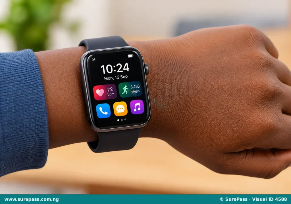 A smart watch on a wrist, displaying digital information.