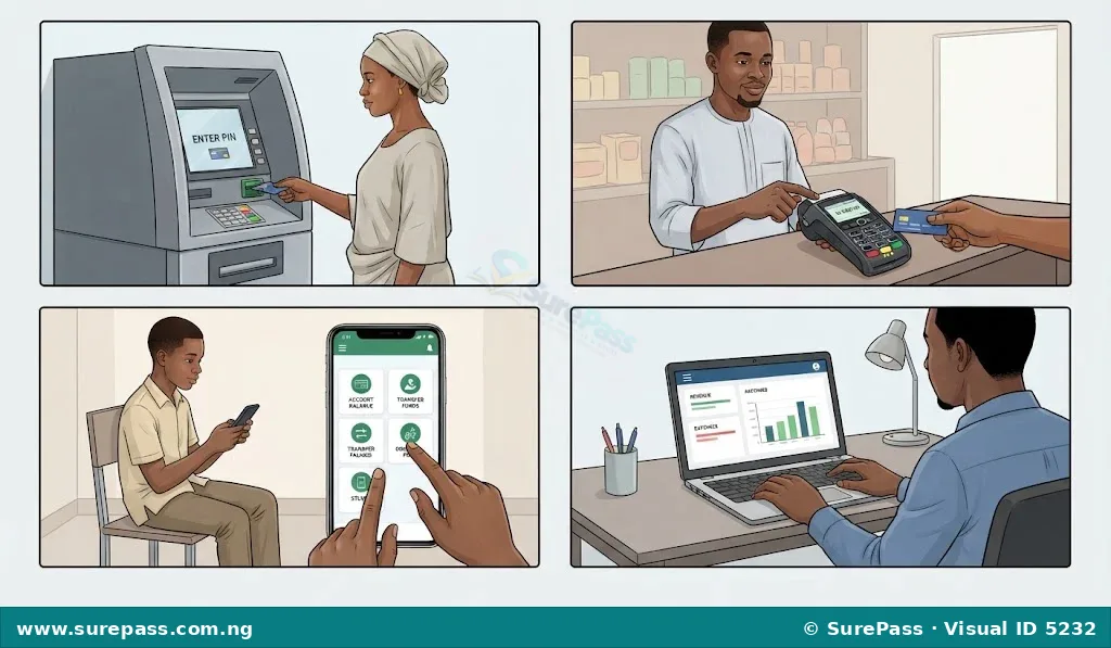 A collage showing an ATM, a POS machine, mobile banking on a phone, and accounting software on a laptop, representing digital financial technologies.