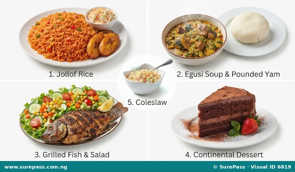 A collage of different dishes including Jollof Rice, Egusi Soup, grilled fish, a green salad, and chocolate cake.
