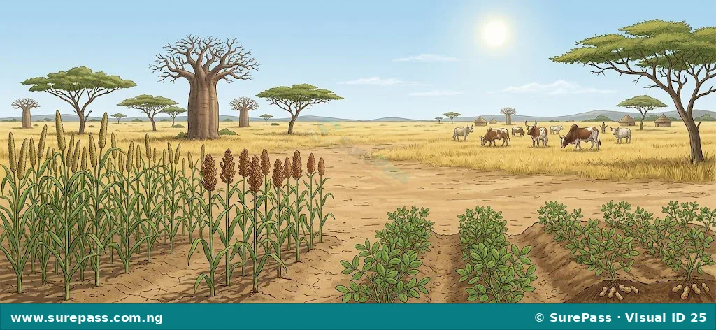 Illustration of a Nigerian savannah ecological zone showing millet, sorghum, groundnuts, baobab trees, and grazing cattle.