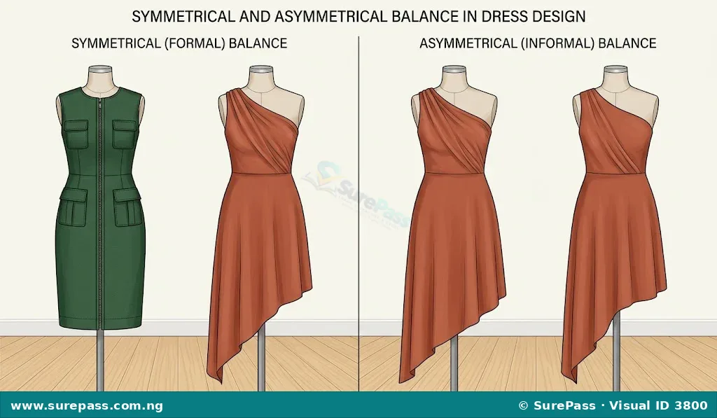A comparison of symmetrical and asymmetrical balance in dress designs.