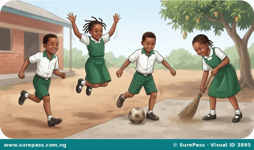 Children running, jumping, playing, and sweeping, showing how their bodies use energy for different activities.