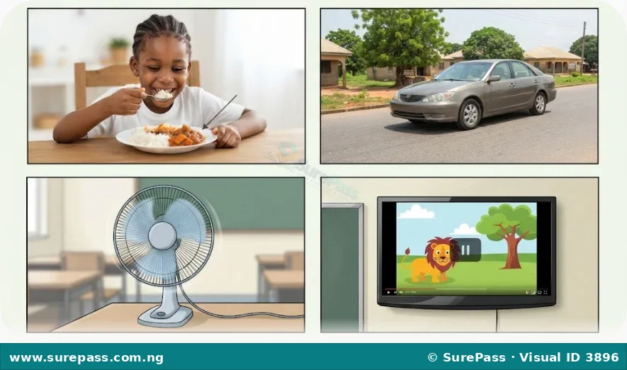 A collage showing a child eating, a car driving, a fan spinning, and a television on, illustrating different things that use energy.