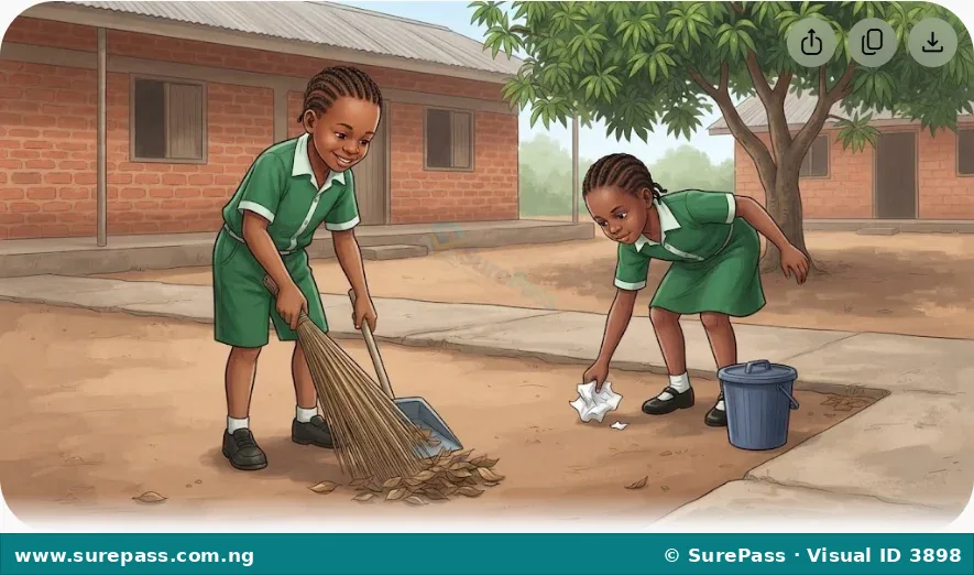 Children sweeping dry leaves and picking up paper in a school compound, demonstrating cleaning activities that use energy.