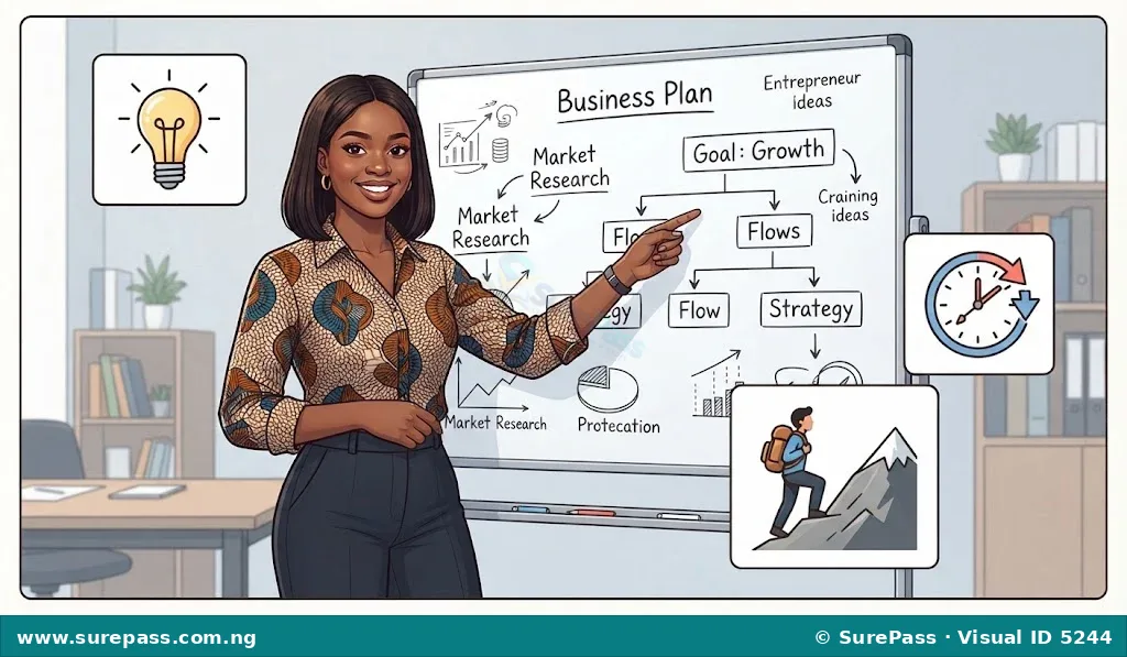 A confident young Nigerian woman pointing at a business plan on a whiteboard, surrounded by icons representing creativity, risk-taking, and hard work.