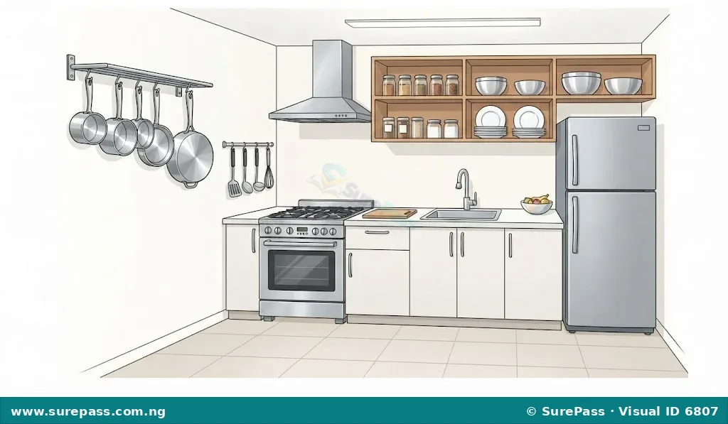 A well-organised kitchen with a cooking range, sink, refrigerator, and various pots and pans.