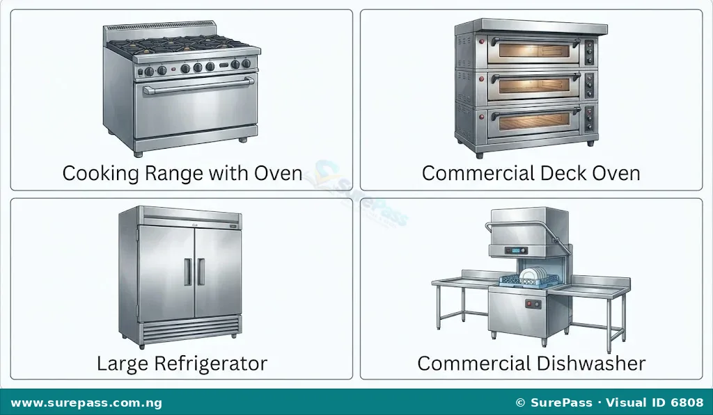 Images of a cooking range, a deck oven, a large refrigerator, and a dishwasher, representing large kitchen equipment.