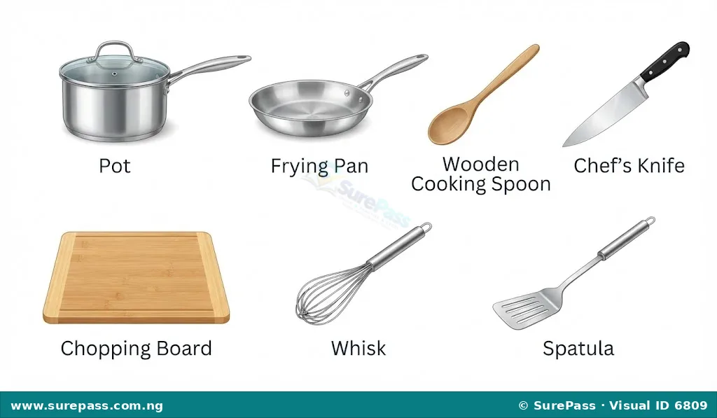 A collection of kitchen utensils including a pot, frying pan, cooking spoon, knife, chopping board, whisk, and spatula.