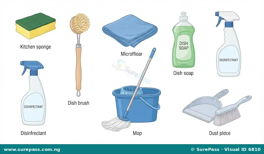 Various kitchen cleaning supplies including sponges, brushes, cloths, dish soap, disinfectant, mop, bucket, dustpan, and broom.
