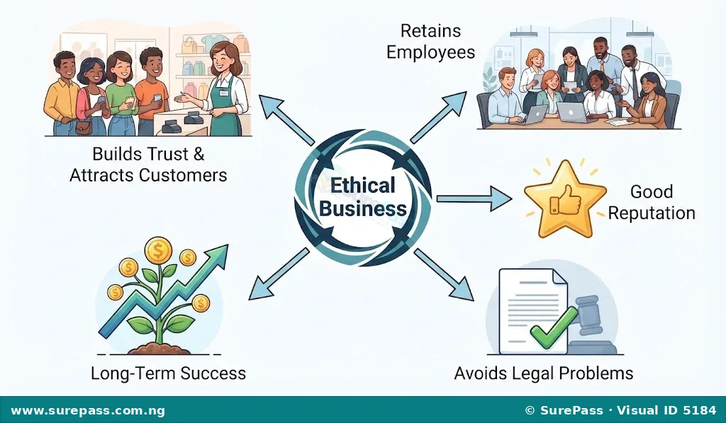 Diagram showing the benefits of ethical business practices, including building trust, attracting customers, retaining employees, good reputation, avoiding legal problems, and achieving long-term success.