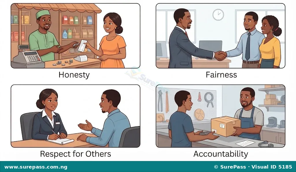 Four illustrations showing examples of ethical principles in business: a shopkeeper giving correct change (Honesty), a manager treating employees equally (Fairness), a customer service agent listening (Respect for Others), and a business owner replacing a faulty product (Accountability).