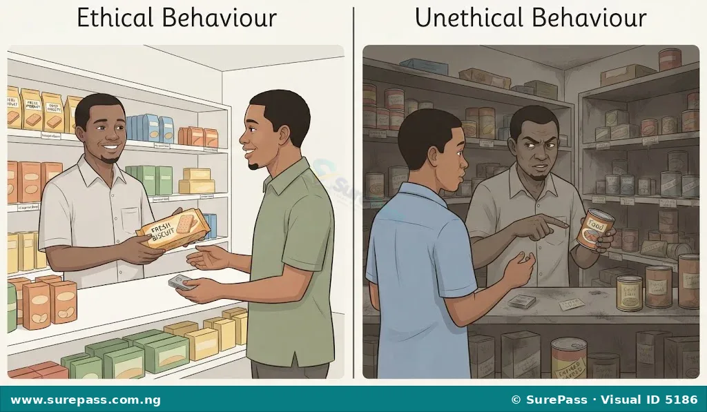 Two contrasting scenes illustrating business behaviour. One shows an ethical shopkeeper selling fresh goods honestly. The other shows an unethical shopkeeper selling expired goods deceptively.