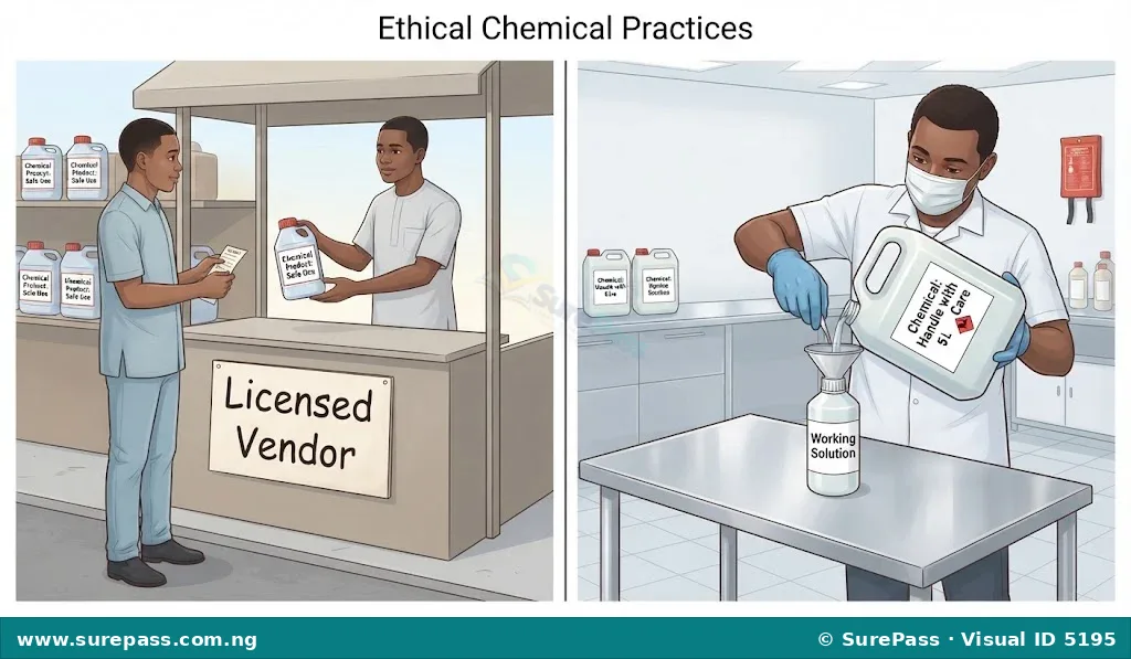 Illustration showing ethical chemical practices: buying from a licensed vendor and safe handling with protective gear.