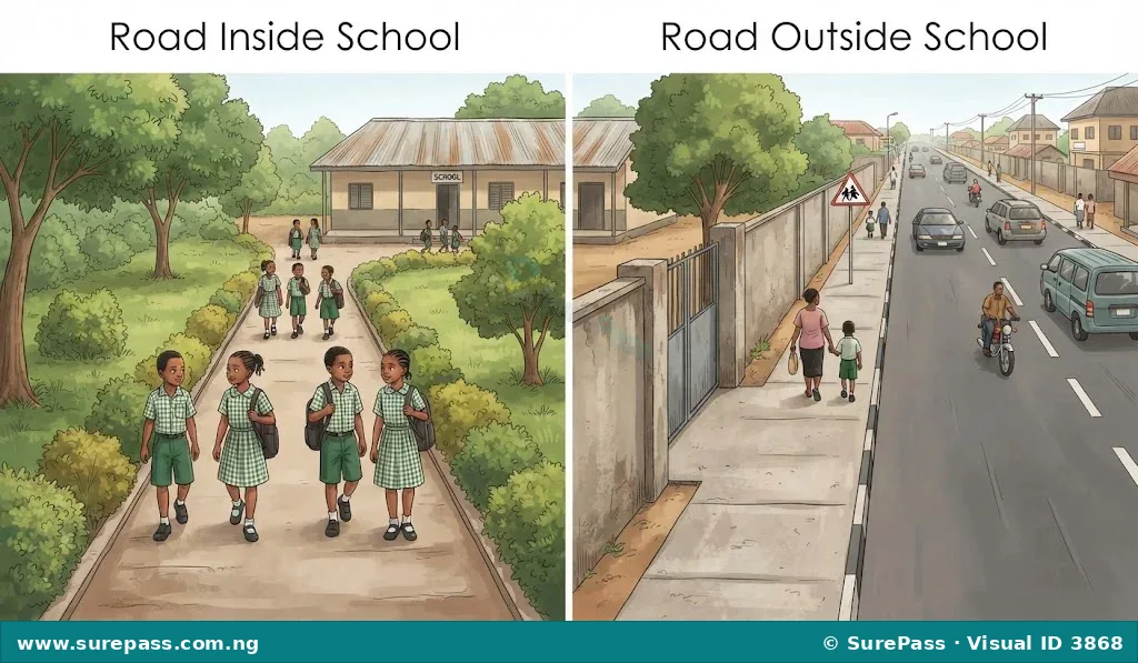 An illustration showing a narrow path inside a school compound and a wider street outside the school.