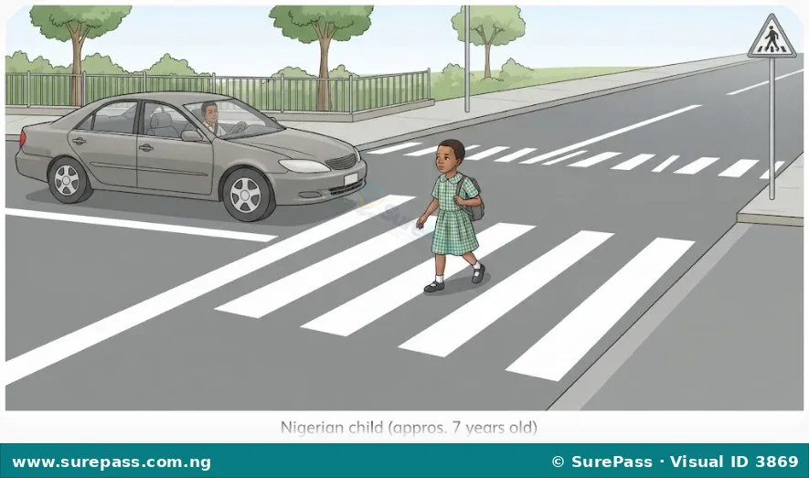 A child safely crossing a road at a zebra crossing, with a car stopped to let them pass.