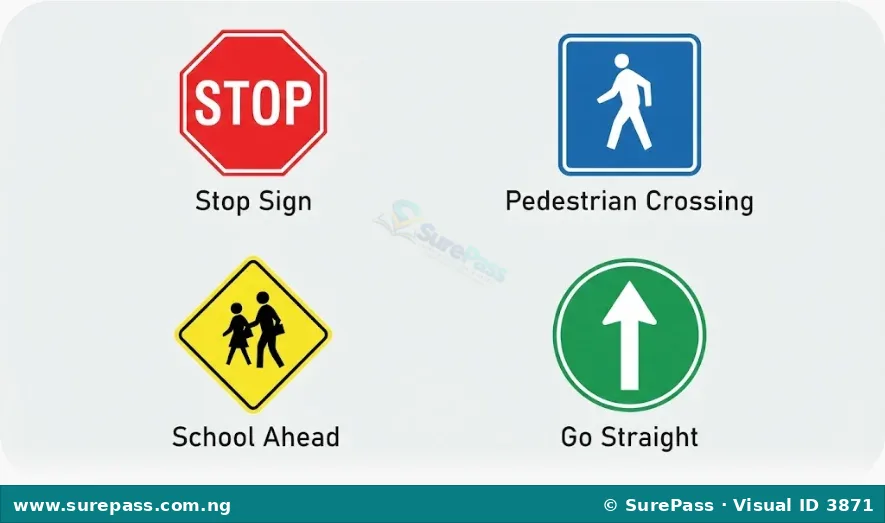 Four road signs - a red STOP sign, a blue pedestrian crossing sign, a yellow school ahead sign, and a green go straight sign.
