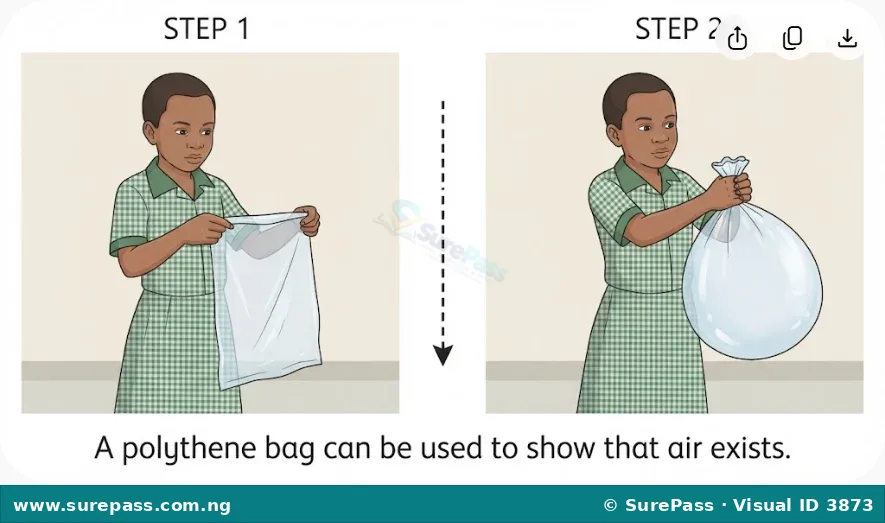 A child demonstrating air exists by swinging an open polythene bag to fill it with air, then closing it to show it is full.