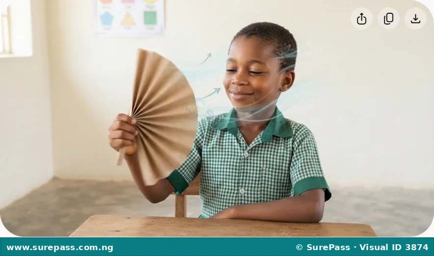 A child waving a paper fan to create an air current and feeling the air on their face.