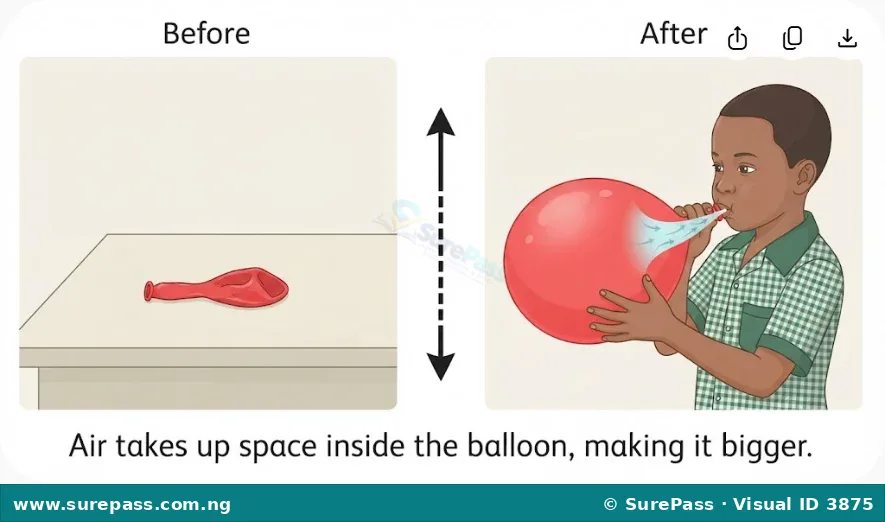 A child inflating a balloon by blowing air into it, showing how the balloon expands as air occupies space inside.