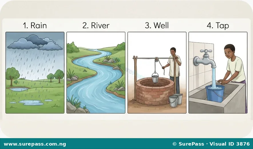 Four images showing common sources of water: rain, a river, a well, and a tap.